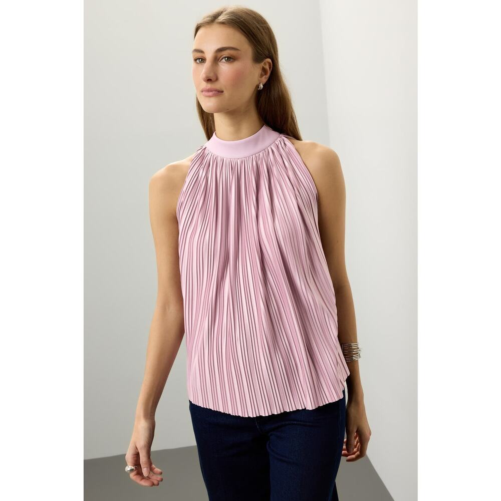 Atlein‎ Mauve Plisse Top Lavender Pleated Mock Neck Sleeveless Sz 4